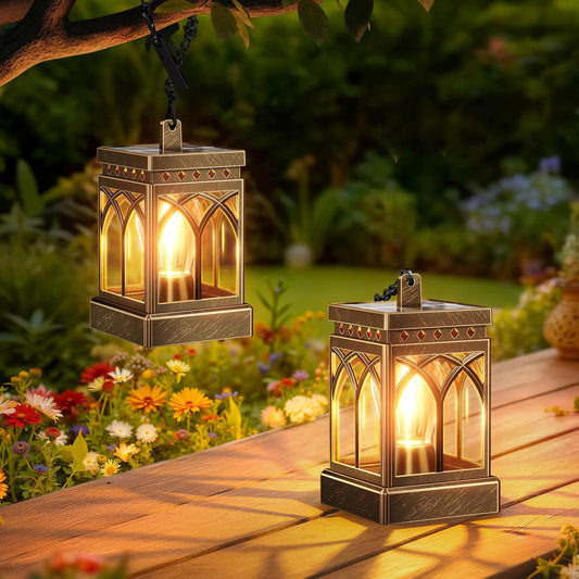 2 Pack Solar Lanterns Outdoor Waterproof, Brighter Hanging Solar Lantern Lights for Outside, Auto On/Off Lanterns Decorative Outdoor for Garden Table Yard Path Patio Lawn Decor, Gifts (Bronze)