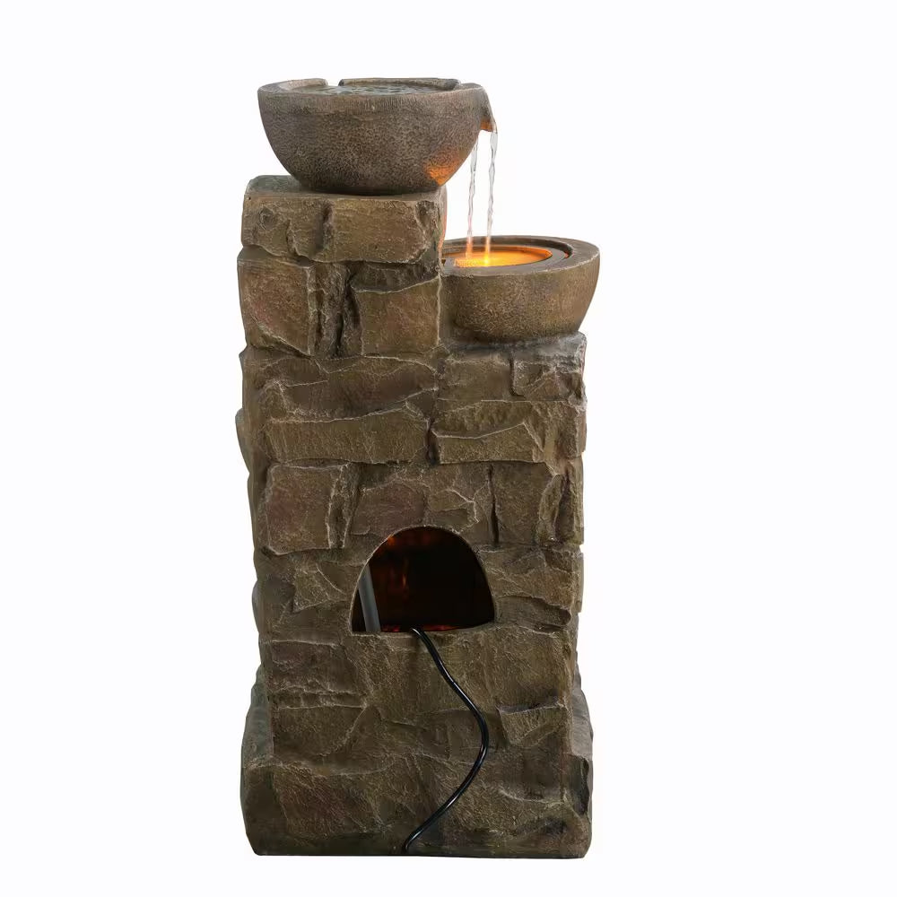 33 In. Outdoor Bowls and Stacked Stones Cascade Fountain with LED Light, Adjustable Flow and Electric Pump in Brown