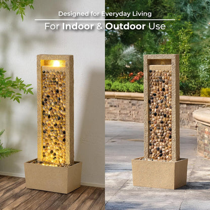 River Rocks Outdoor Water Fountain, Brown | Warm Glow Lighting, Steady Flow, Electric Pump